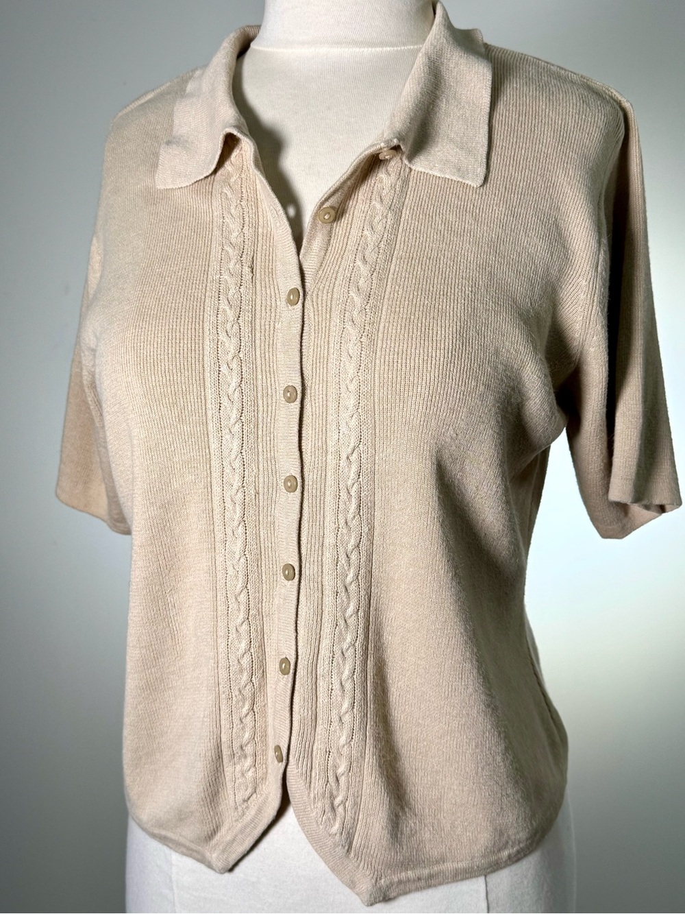 Vintage 90s Maggie Lawrence S Beige Cable Knit Short Sleeve Cardigan Soft
